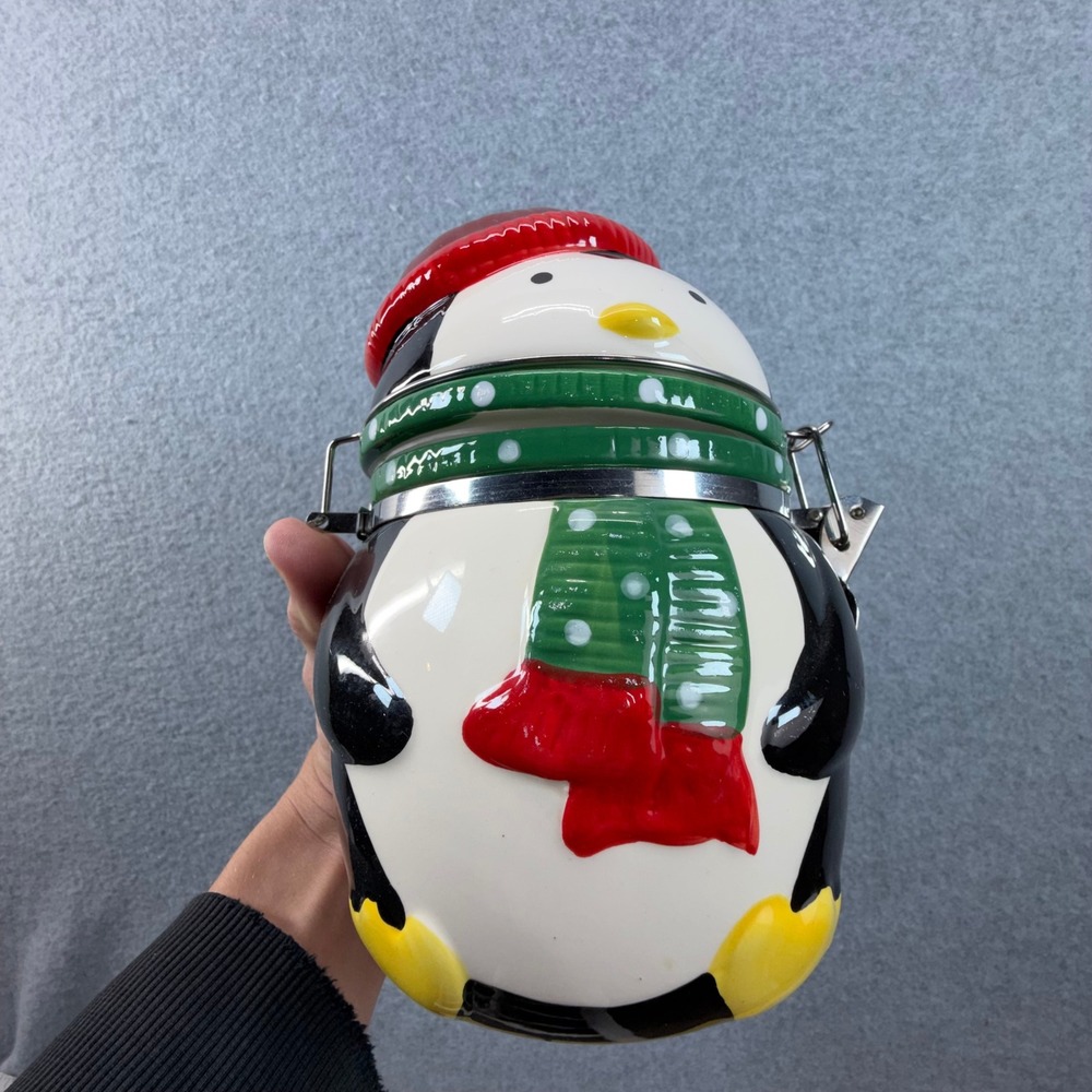 ConAgra Foods Penguin Ceramic Cookie Jar Christmas‎ Holiday Latch Lid Canister